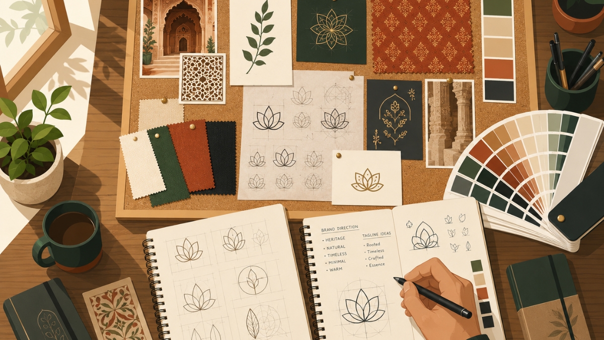 Brand design mood board with typography and colour palettes