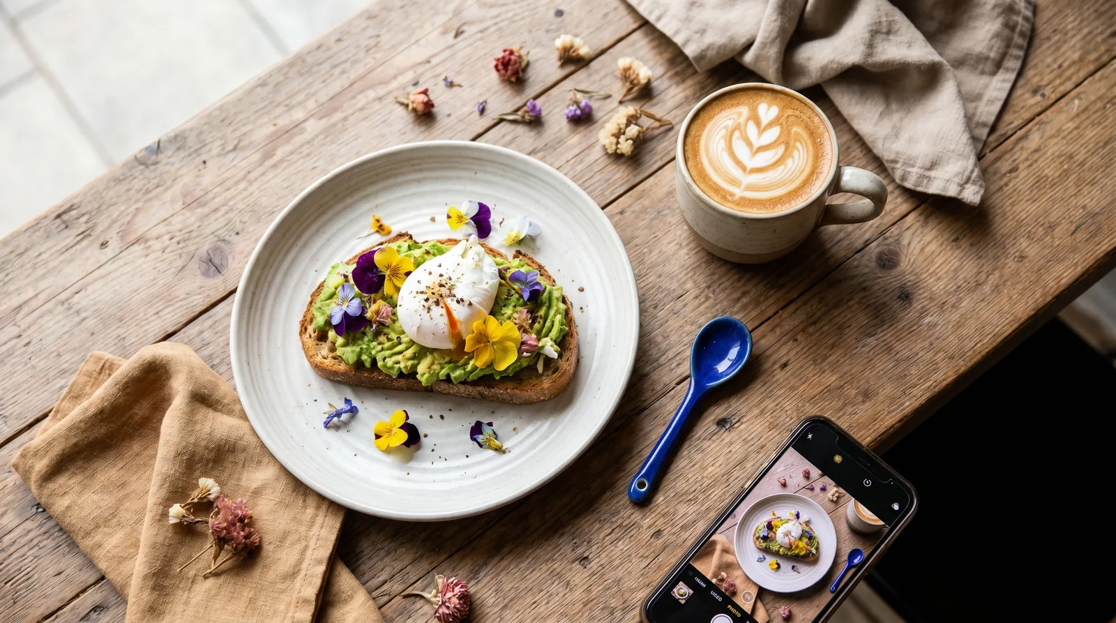 An overhead flat lay of a cafe dish and latte styled for Instagram