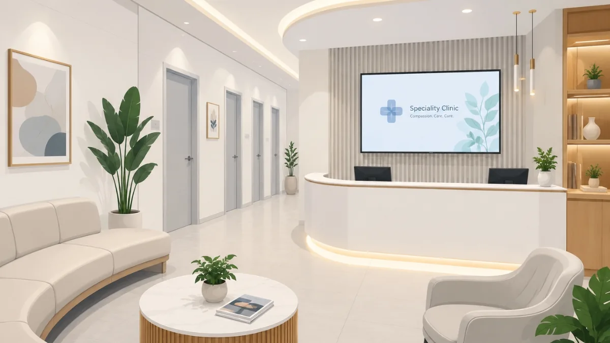 Modern clinic reception in Hyderabad where patients book appointments