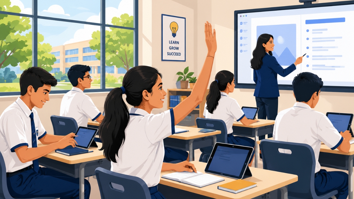 Students in a modern classroom using tablets