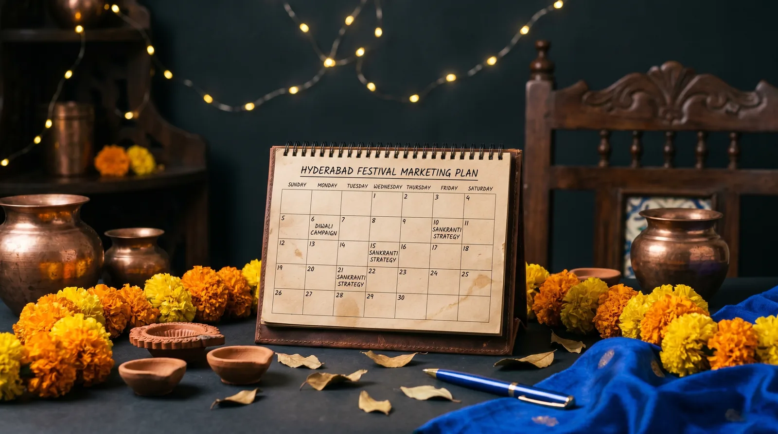 A festive marketing planning calendar with marigold flowers and diya lamps