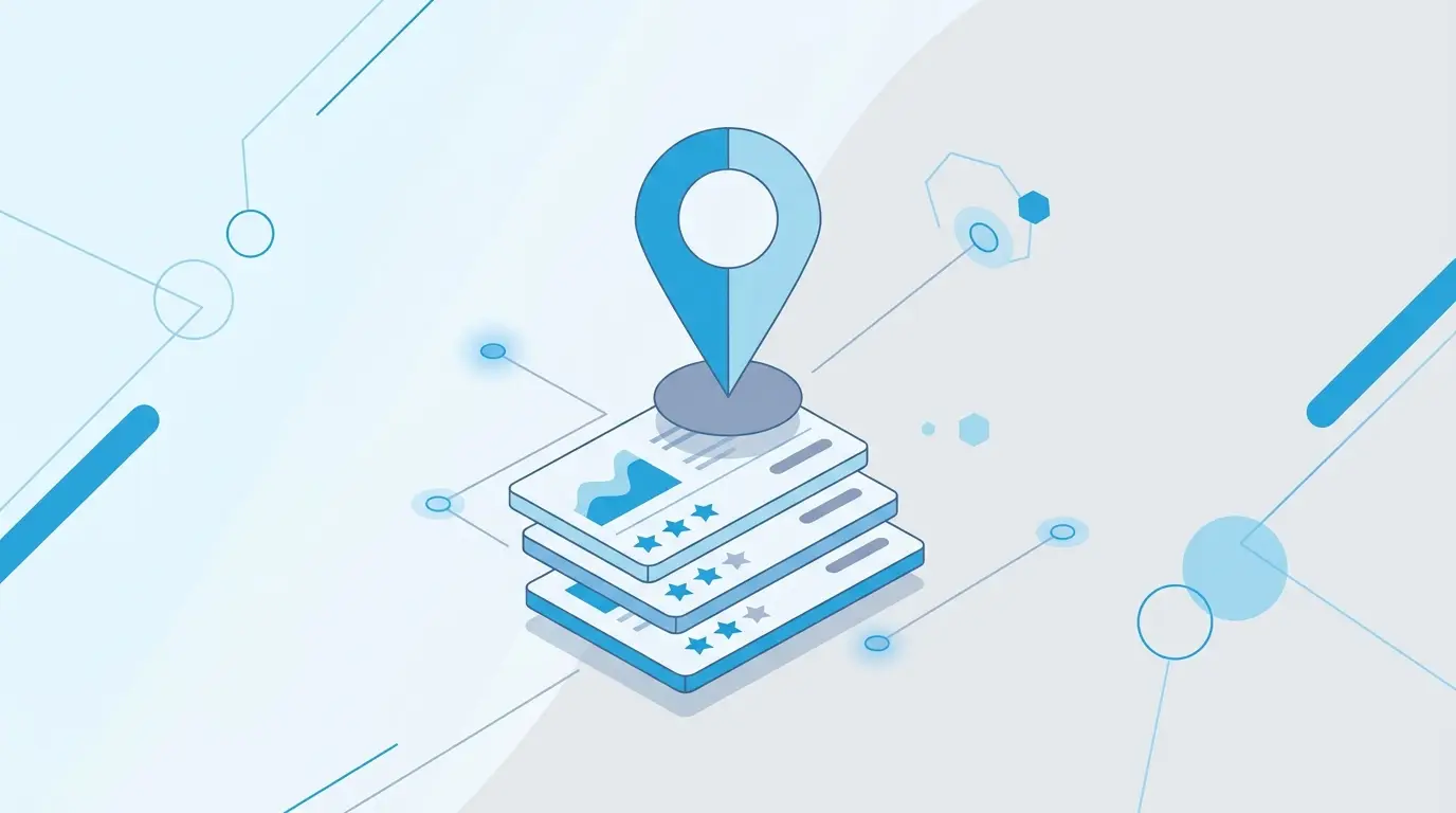 A minimal geometric illustration of a Google map pin over a Hyderabad neighbourhood with a three result local map pack ranked one two three on the right and review stars feeding into the top result