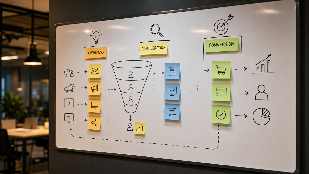 Marketing funnel whiteboard with content strategy planning