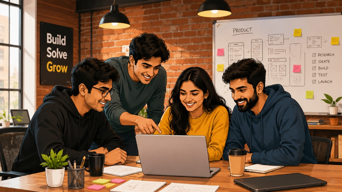 Startup team collaborating at a modern co-working space