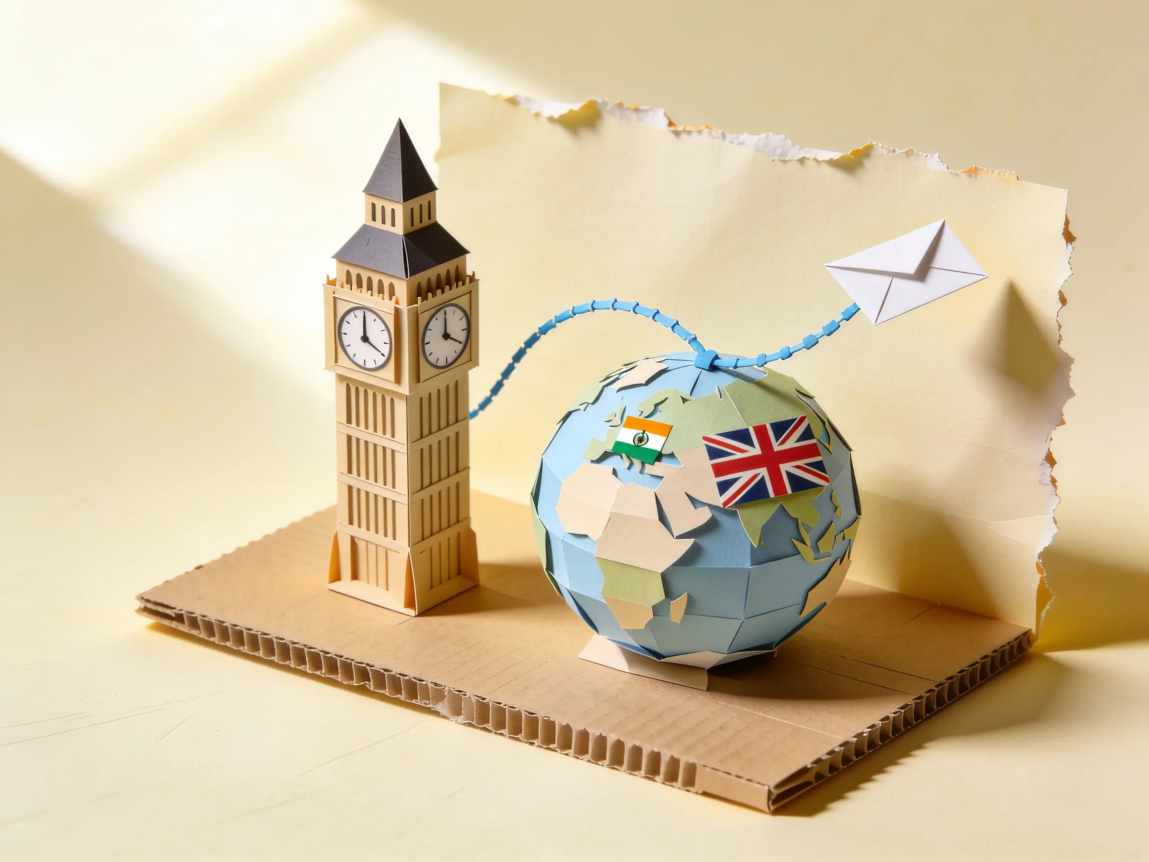 Papercraft scene: a cardboard clock tower beside a paper globe, a blue thread arcing from India across the globe carrying a paper envelope